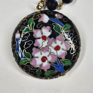 Cloisonne Enamel Pendant Black Floral Round Vintage Beaded Necklace